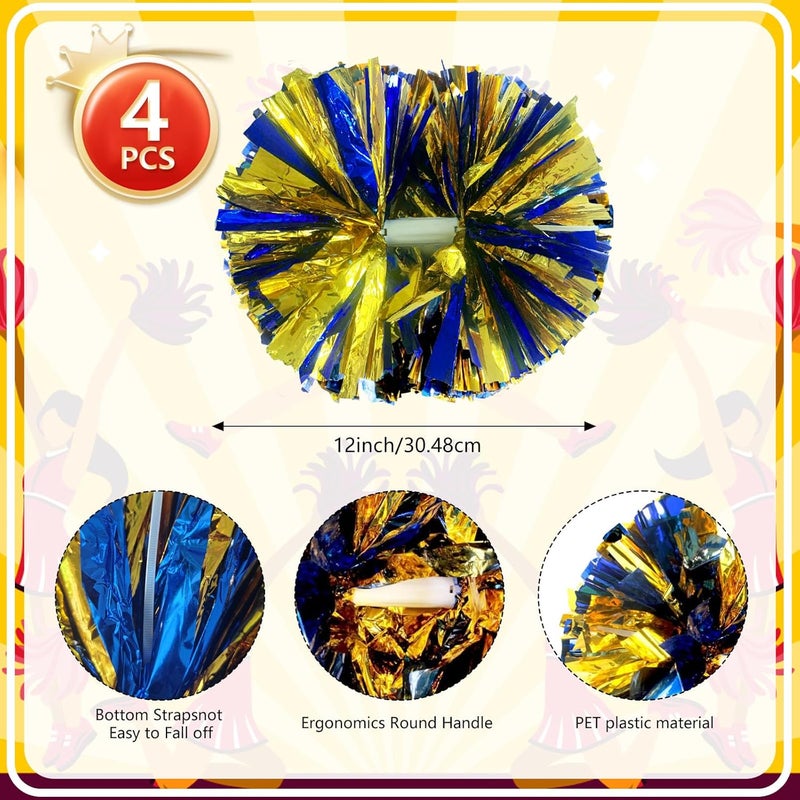 Zankubom 4 Pcs Metallic Cheerleading Pom Poms, 12Inch Cheerleader Pompoms with Baton Handle for School Team Sports Games Dance Cheer - Image 2